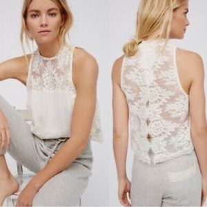 Free People Size XS Ivory Tied to You Open Back Lace High Neck Tank Top Blouse